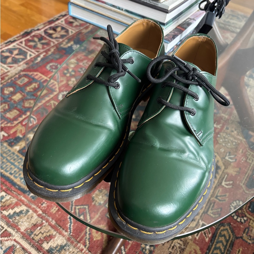 Dr. Martens Green Leather 3-Eye Derby Shoes with Yellow Stitching